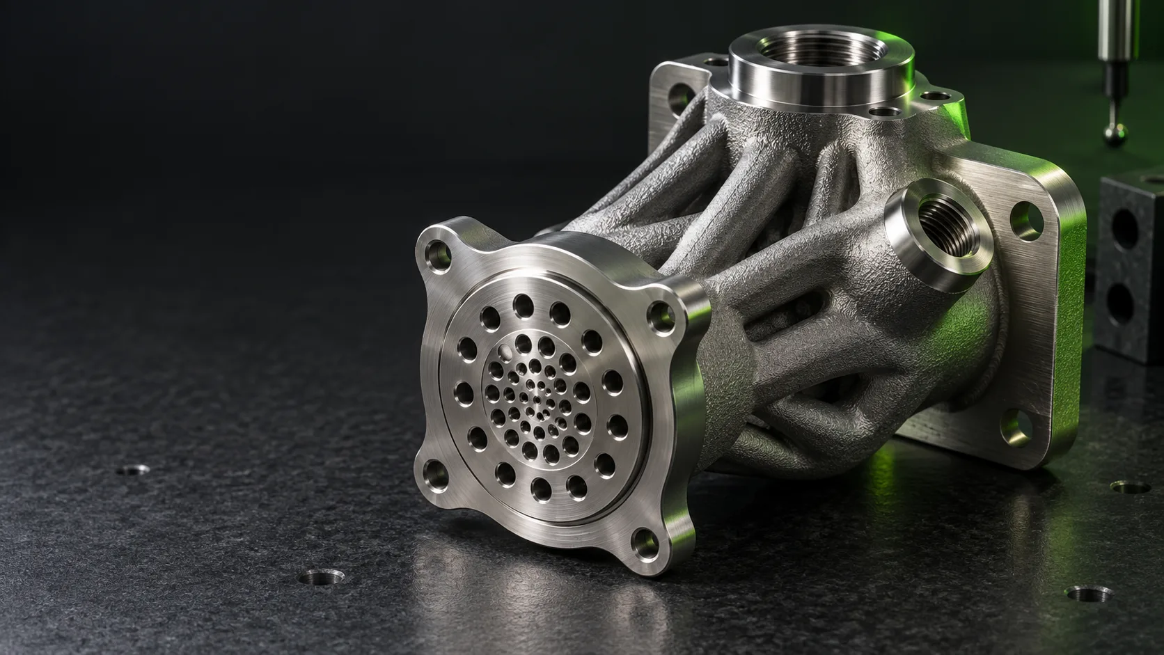 Concept rendering of a metallic industrial fluid injector with additively manufactured passages and machined interfaces.