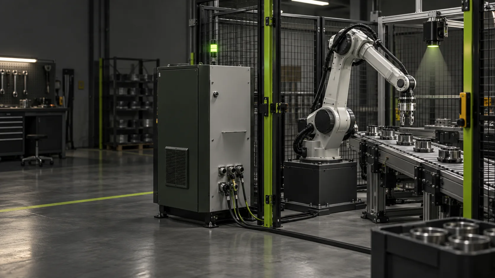 Concept rendering of an industrial edge cabinet connected to a guarded robot, camera and conveyor.