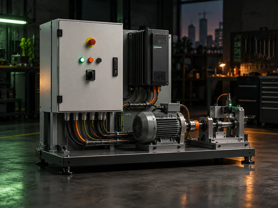 Industrial control cabinet, motor drive and test fixture in a workshop.