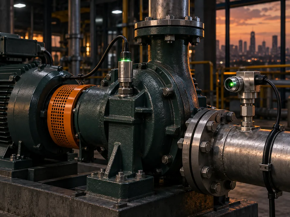 Industrial pump with vibration and pressure sensors in a plant.