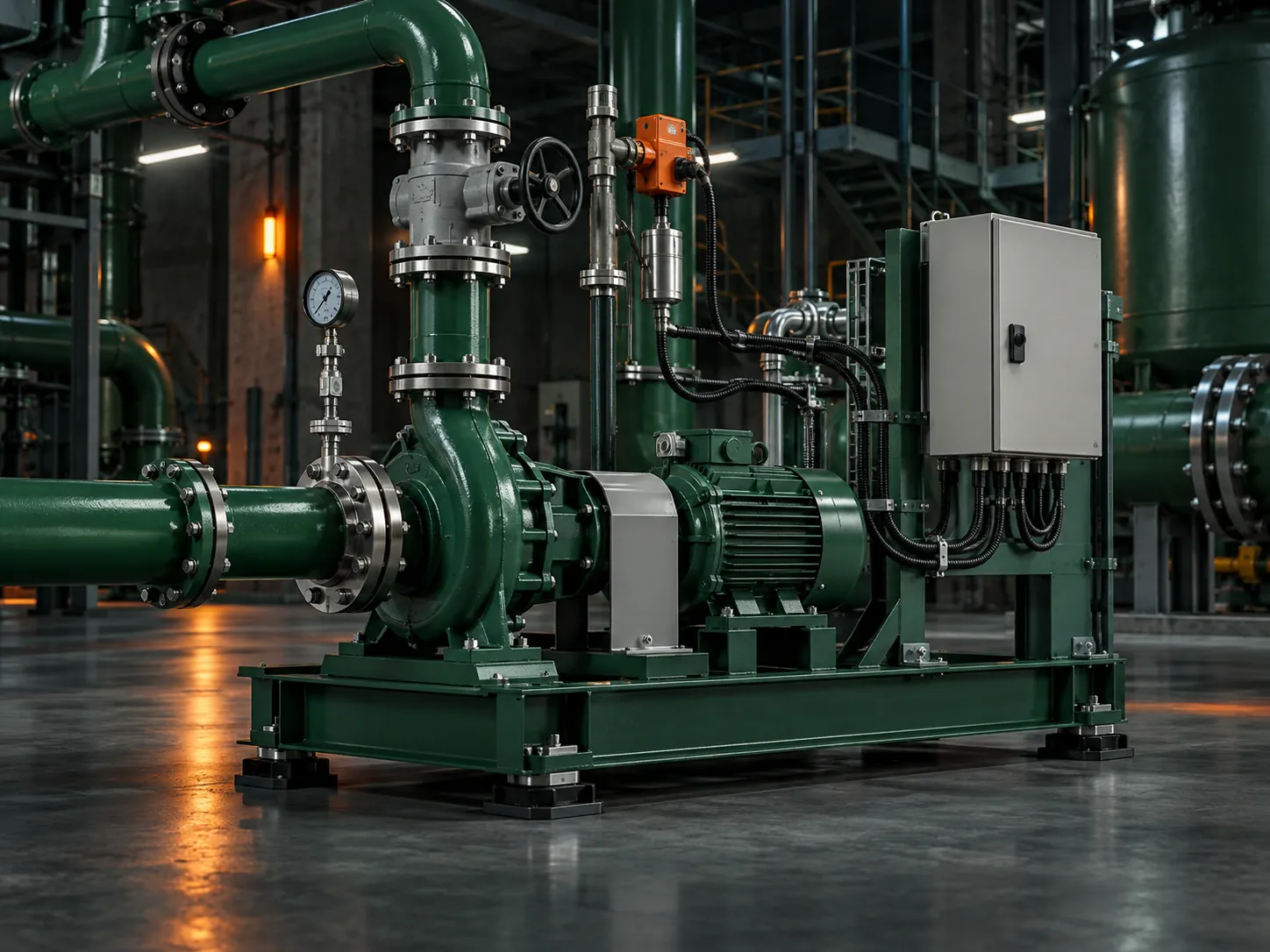 Concept rendering of an industrial pump system with instrumentation and control equipment.